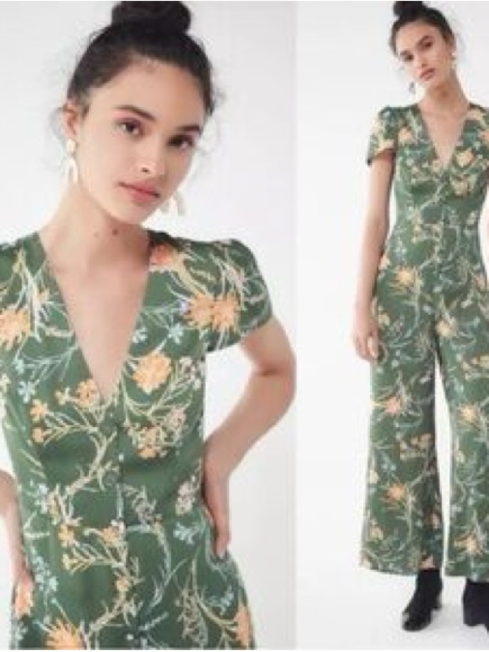 Urban Outfitters Green Floral V-Neck Wide-Leg Jumpsuit